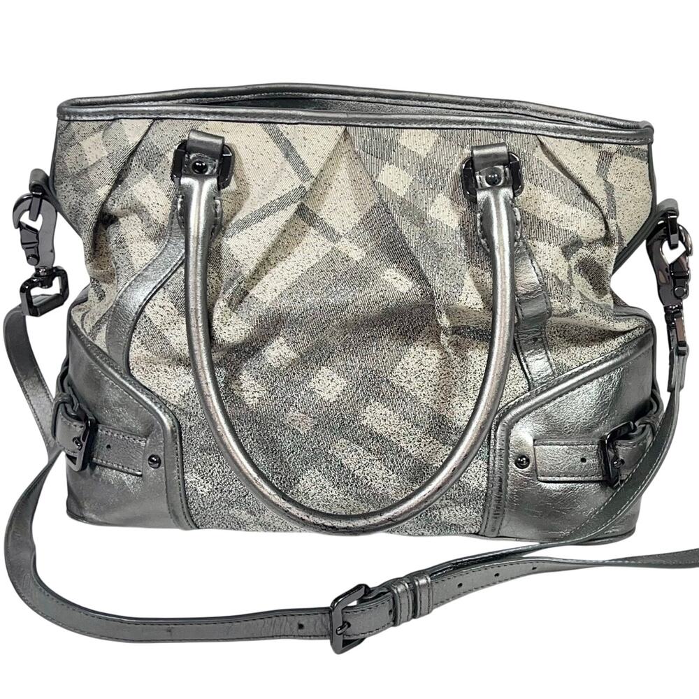 Burberry Pilgrim Tote Shoulder Bag Metallic Grey Beige Canvas Check Shopping